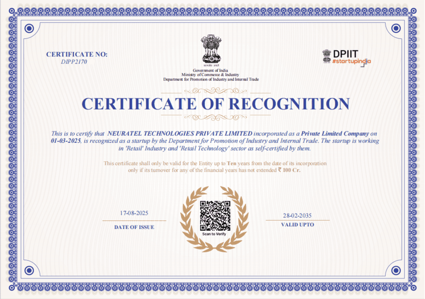 Startup India Certificate - Neuratel Technologies